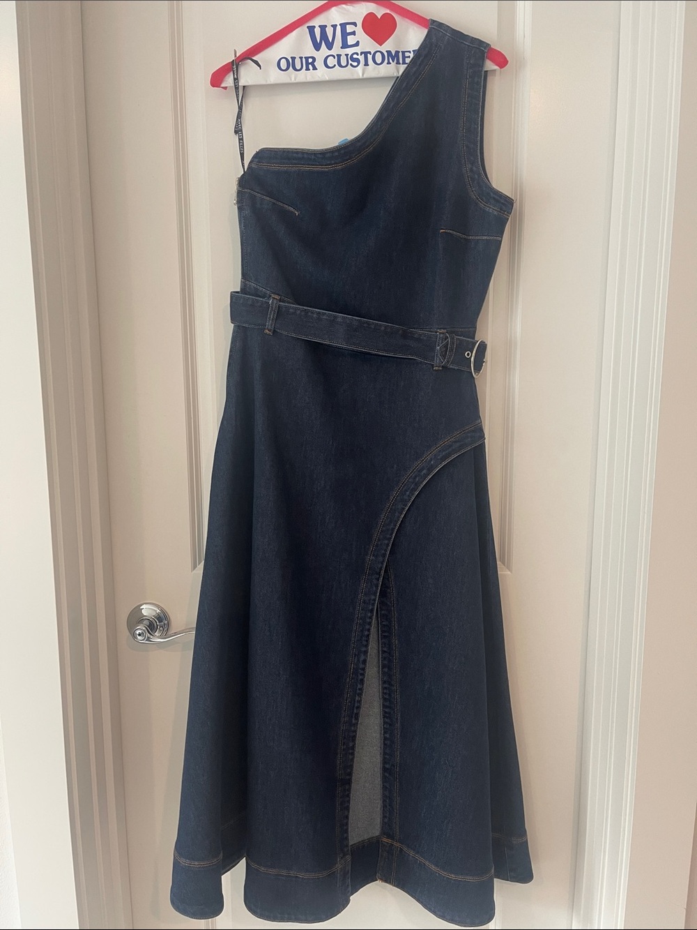 One-Shoulder Dark Blue Denim Dress with Belt  Size 4